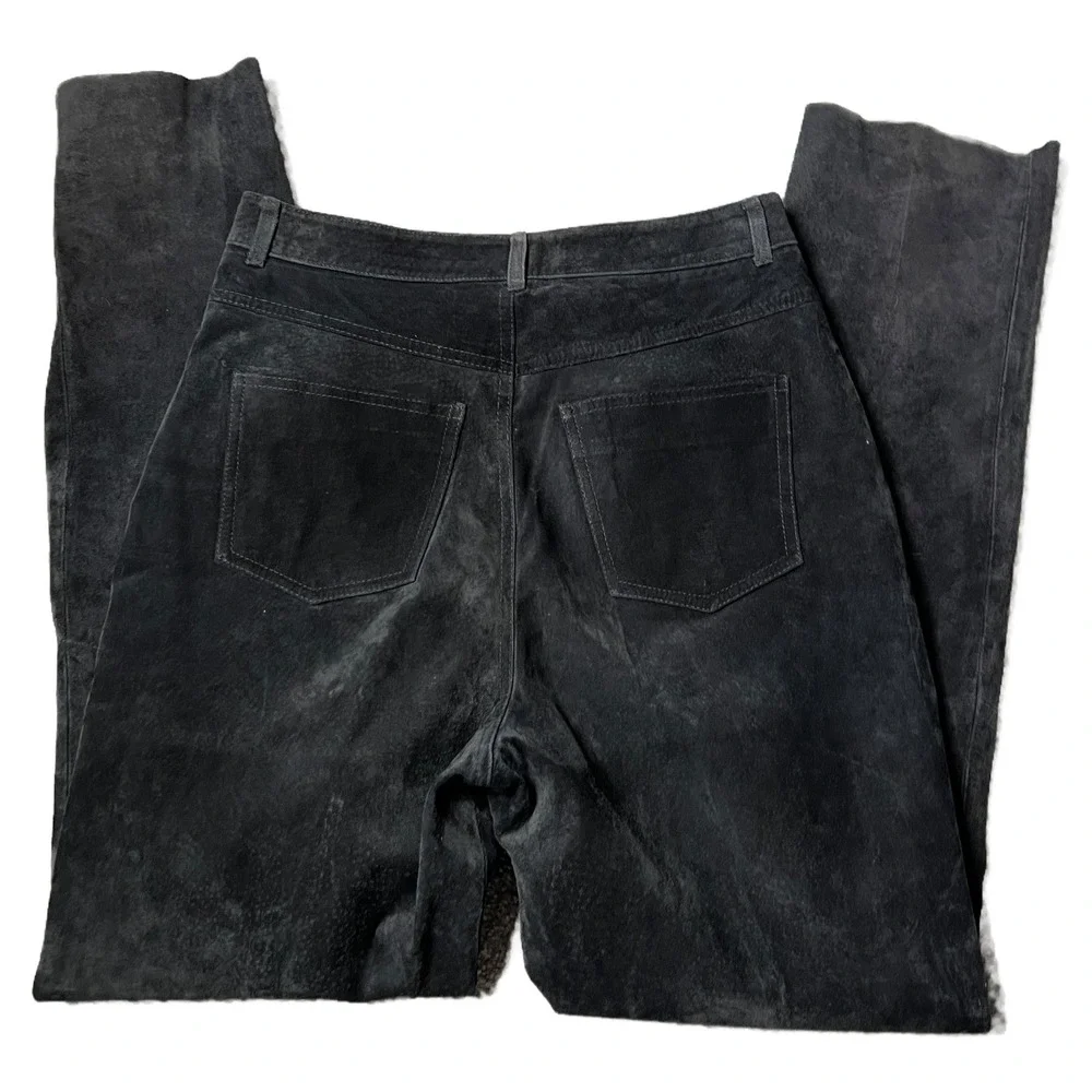 Vintage Shirley France 100% Leather Black Suede Pants Women Size 12 Straight Leg